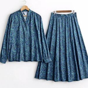 Vintage Pendleton Blue Classic Blouse/Skirt Set Button Paisley Size 14 Peacock
